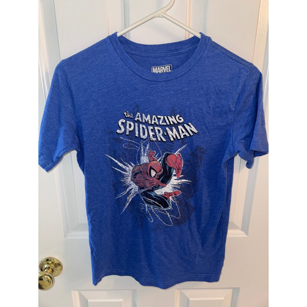 Marvel The Amazing Spider-Man Boys Blue Heather Graphic Tee Shirt Size L 12-14